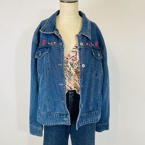 Vintage 90s Agapo Denim Jacket Women's Embroidered Beaded Floral Trucker Blue